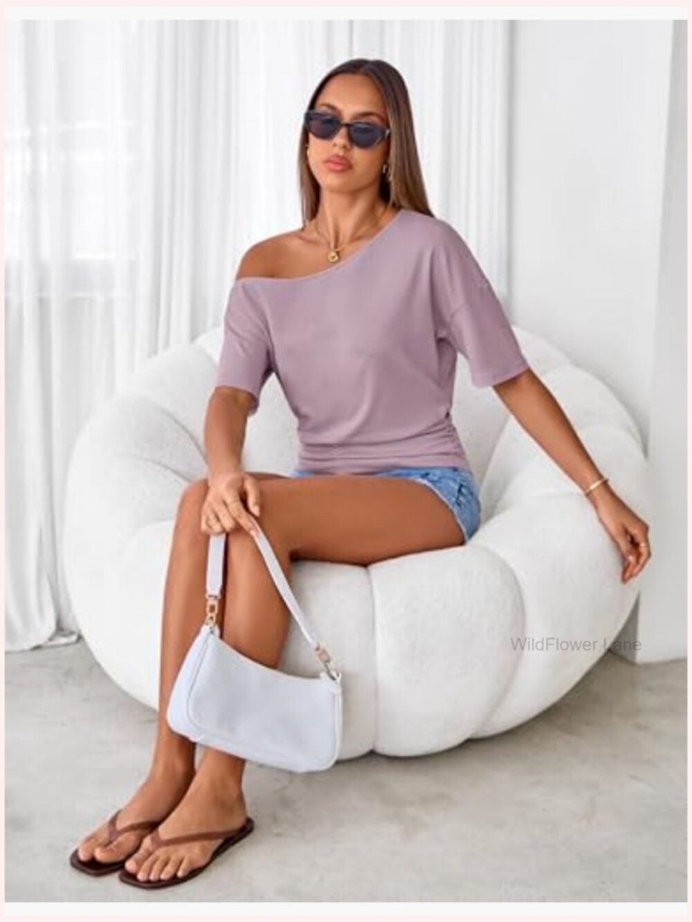 Off Shoulder Asymmetrical Tee Going Out Top Loose Fit Y2k - Picture 5 of 7
